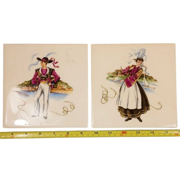 Set of Hyalyn Mid Century 6" Vintage Mosaic Tiles - French Costumes Boats Water - Picture 1 of 8